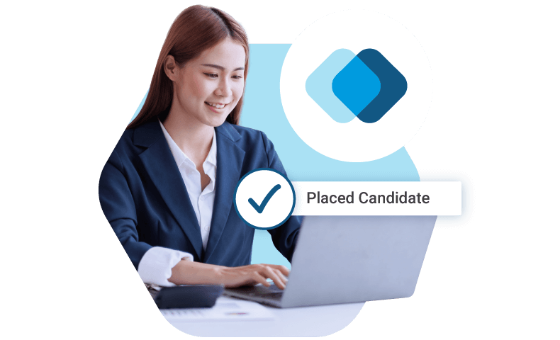 A professional working on a laptop with a digital overlay showing a 