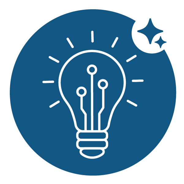 White line icon of a glowing lightbulb with circuit board lines inside, set within a blue circle with a small sparkle badge in the corner, representing the innovation that shows why Bullhorn is the best recruitment software.