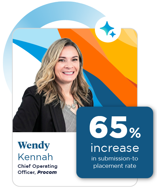 A smiling woman with wavy blonde hair is wearing a black blazer and silver necklace, set against a colorful background of blue, orange, and yellow.