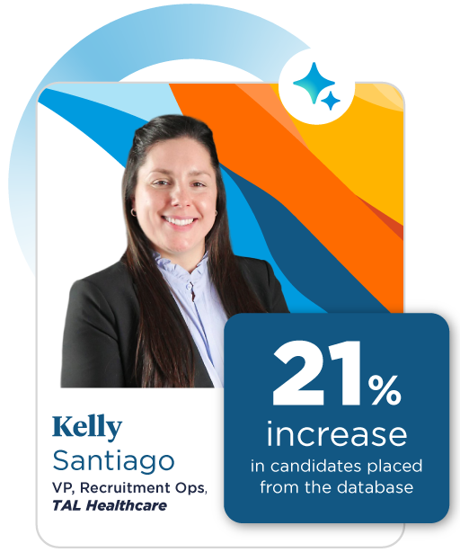 A smiling woman with straight brown hair is wearing a black blazer, set against a colorful background of blue, orange, and yellow.