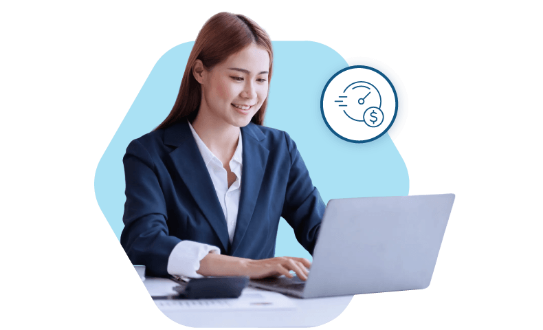 A professional working on a laptop with a digital overlay representing Bullhorn as the best ATS & CRM for recruitment agencies.