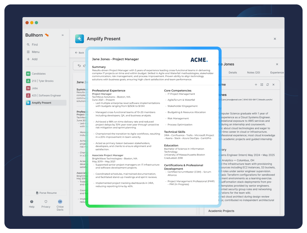 Bullhorn ATS-Kandidatenpräsentations-Overlay mit formatierter Berufserfahrung und Qualifikationen über Amplify Digital Workers, KI-Agenten zur Ausführung hochvolumiger Personaldienstleistungsaufgaben.