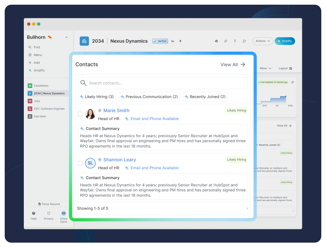 Bullhorn ATS-Kontaktsuchfenster mit Kunden-Prospects und Hiring-Status-Tags über Amplify Digital Workers, KI-Agenten zur Ausführung hochvolumiger Personaldienstleistungsaufgaben.