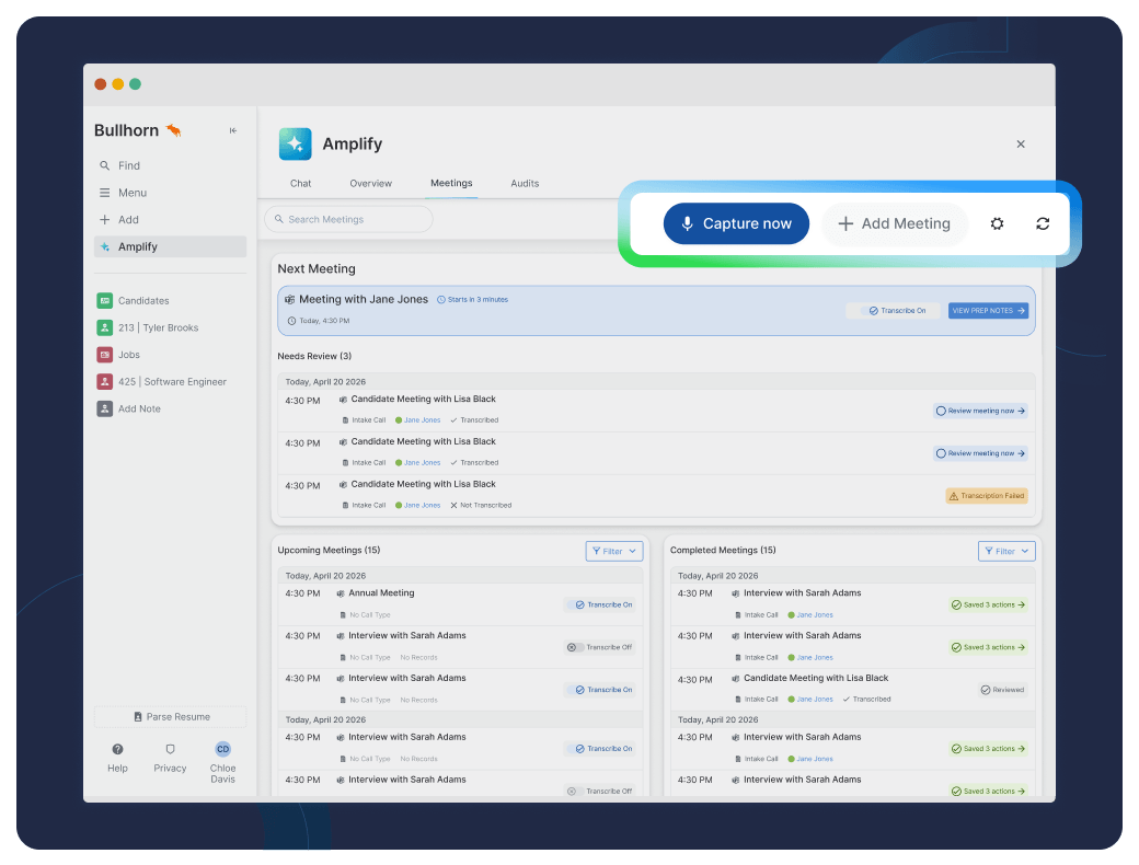 Bullhorn ATS-Meeting-Dashboard mit Anruferfassungsoptionen und geplanten Kandidateninterviews über Amplify Digital Workers, KI-Agenten zur Ausführung hochvolumiger Personaldienstleistungsaufgaben.