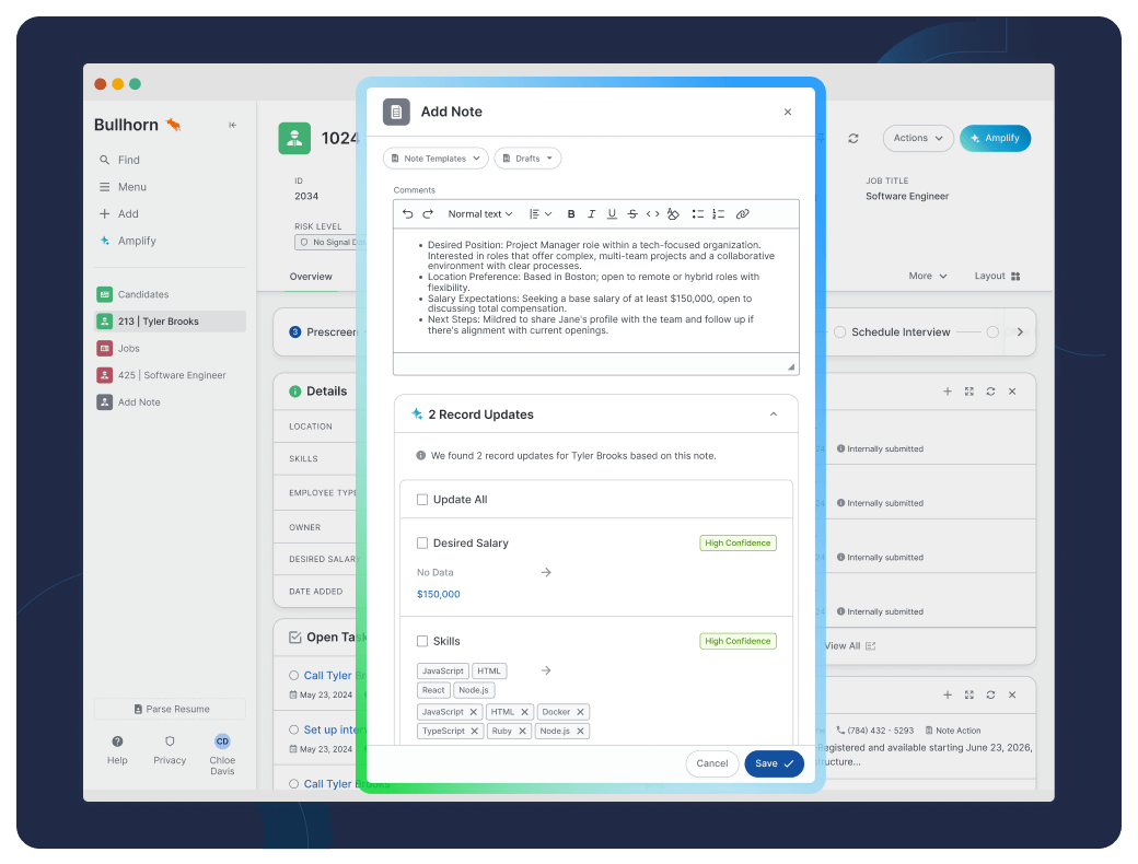 Bullhorn ATS-Datensatz-Aktualisierungsmodal mit Gehalts- und Skill-Anreicherungsdaten von Kandidaten über Amplify Digital Workers, KI-Agenten zur Ausführung hochvolumiger Personaldienstleistungsaufgaben.