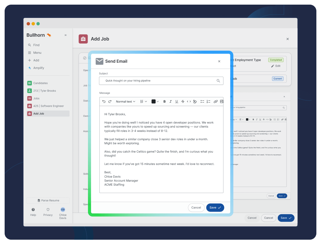 Bullhorn ATS-E-Mail-Erstellungsfenster mit Nachrichten zur Kandidatenansprache über Amplify Digital Workers, KI-Agenten zur Ausführung hochvolumiger Personaldienstleistungsaufgaben.